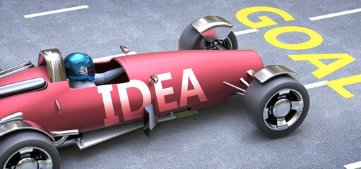 Idea helps reaching goals, pictured as a race car with a phrase Idea as a metaphor of Idea playing important role in getting value and achieving success in life and business, 3d illustration