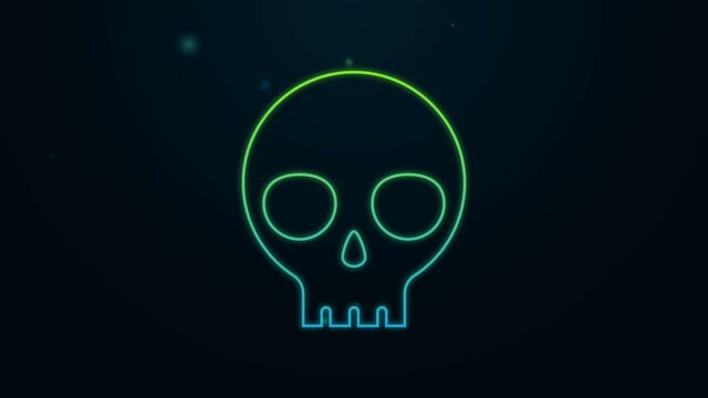 Glowing neon line Human skull icon isolated on black background. 4K Video motion graphic animation