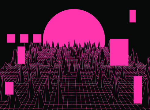 Retrowave VJ videogame landscape, neon low poly terrain grid. Stylized vintage vaporwave 3d illustration with mountains and sun n 80s retro futuristic sci-fi style.