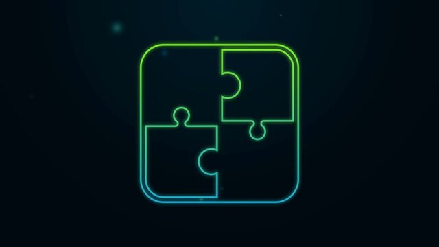 Glowing neon line Puzzle pieces toy icon isolated on black background. 4K Video motion graphic animation