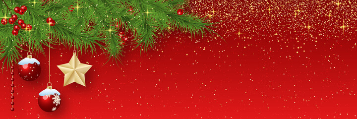 Christmas and New Year vector banner template. Red gradient vector background with stars, glitter effect and winter decor