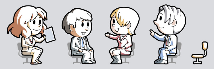 Obraz premium Set of seated cartoon business people and office workers with chairs