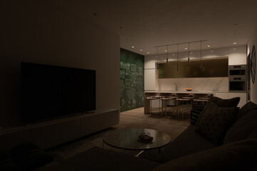 3d illustration of a living room overlooking the kitchen. Interior design in a modern Mediterranean style. Series of illustrations with different lighting designs
