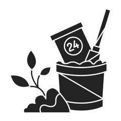 Timely Repotting black glyph icon. Transplanting plants at certain times. Pictogram for web page, mobile app, promo. UI UX GUI design element.