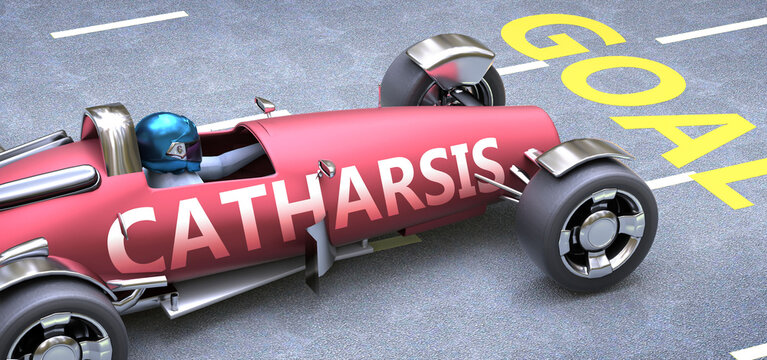 Catharsis helps reaching goals, pictured as a race car with a phrase Catharsis on a track as a metaphor of Catharsis playing vital role in achieving success, 3d illustration