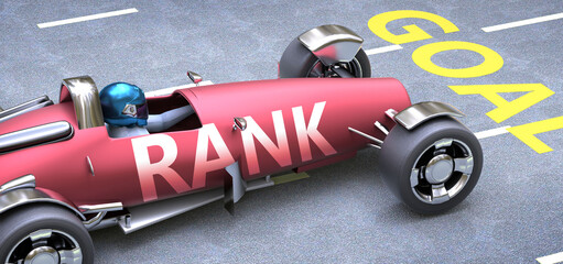Fototapeta premium Rank helps reaching goals, pictured as a race car with a phrase Rank as a metaphor of Rank playing important role in getting value and achieving success in life and business, 3d illustration