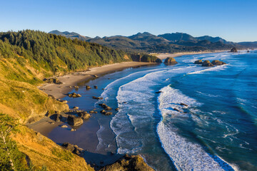 Aerial view of the Oregon coast taken from Ecola state park during a late summer day