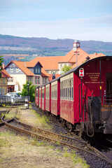 Fototapeta na wymiar Departure of the Brockenbahn / Brocken Railway, platform at Wernigerode station, Harz, Germany 