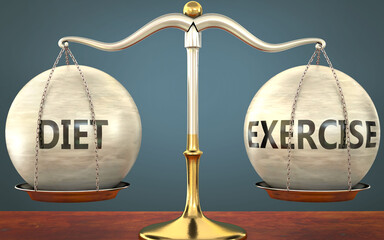 diet and exercise staying in balance - pictured as a metal scale with weights and labels diet and exercise to symbolize balance and symmetry of those concepts, 3d illustration