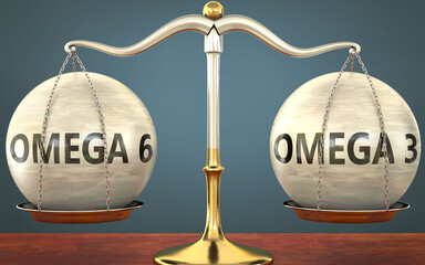 omega 6 and omega 3 staying in balance - pictured as a metal scale with weights and labels omega 6 and omega 3 to symbolize balance and symmetry of those concepts, 3d illustration - obrazy, fototapety, plakaty