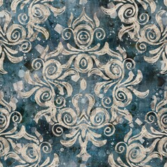 Chic formal grungy damask texture seamless pattern. High quality illustration. Ornate flourish baroque design in a trendy posh exotic style. Grainy fabric texture overlay.
