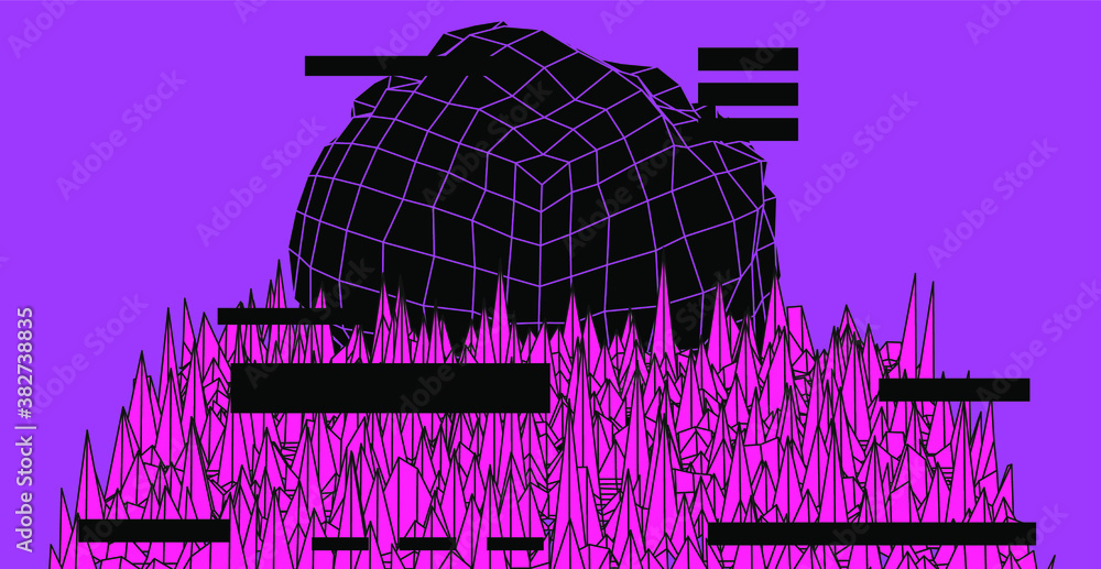 Poster retrofuturistic synthwave landscape like in old arcade video games.