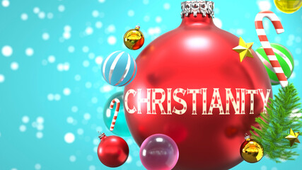 Shiny Christmas ornament ball with a phrase Christianity to symbolize warmth and importance of Christmas Holidays, 3d illustration