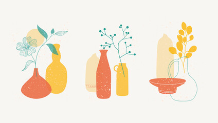 Contemporary art posters with compositions of ceramics with flowers. 