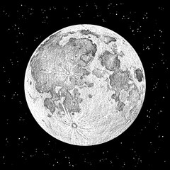 Moon full phase on the background of the starry sky, illustration sketch style.