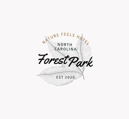 Nature logo sign. Vector logo with image  tree leaf in sketch style. 