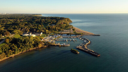 Boat Pier, dock, beach on the shoreline of Lake Michigan in Milwaukee Wisconsin