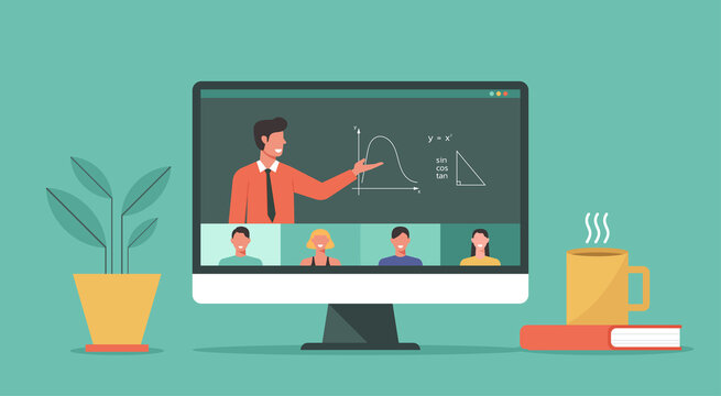 people learning online or meeting together via video conference, teleconference on a computer, learn from home or anywhere, worldwide education, social distance concept, vector flat illustration