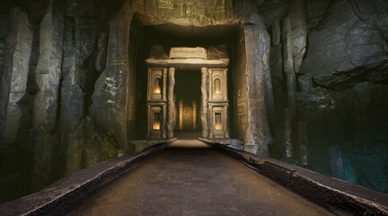 Tempeltor, Fantasy-Hintergrund aus einem unterirdischen Tempel.