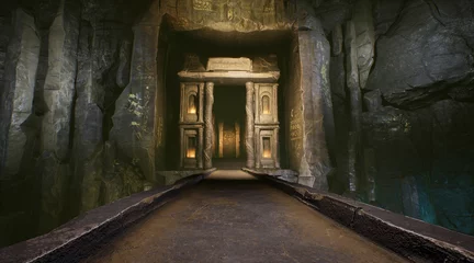 Fotobehang Bedehuis Tempelpoort, fantasieachtergrond van een ondergrondse tempel.