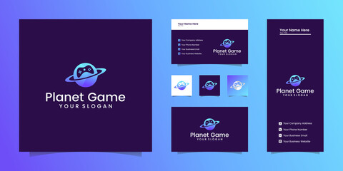 planet game logo combination of planets and joystick game and business cards