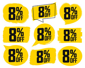 Set Sale 8% off banners, discount tags design template, extra deals, vector illustration