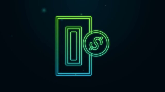 Glowing neon line Hand inserting coin to a slot on a vending machine or arcade machine icon isolated on black background. 4K Video motion graphic animation