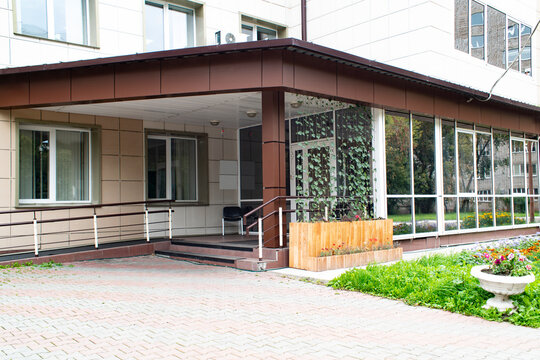 Medical Facility Lobby With Handicapped Ramp.