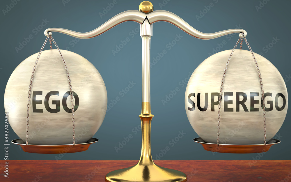 Wall mural ego and superego staying in balance - pictured as a metal scale with weights and labels ego and supe