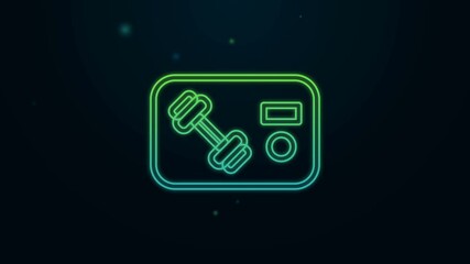 Glowing neon line Fitness club, gym card icon isolated on black background. 4K Video motion graphic animation