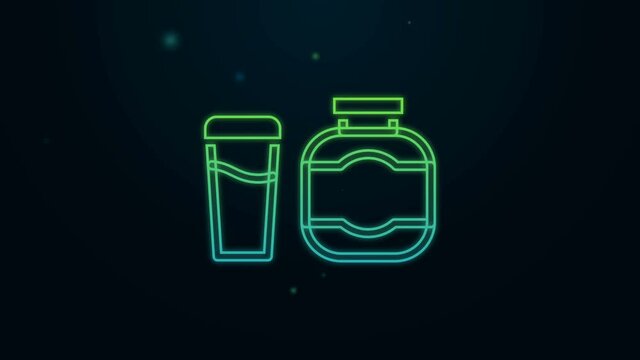 Glowing neon line Sports nutrition bodybuilding proteine power drink and food icon isolated on black background. 4K Video motion graphic animation