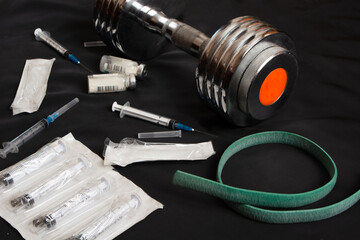 the dumbbell is lying next to used syringes, ampoules, packages, and a tourniquet for injections. The concept of doping in sports, pharmacology
