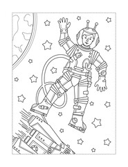 Fototapeta na wymiar Space exploration themed astronaut, or cosmonaut, coloring page 