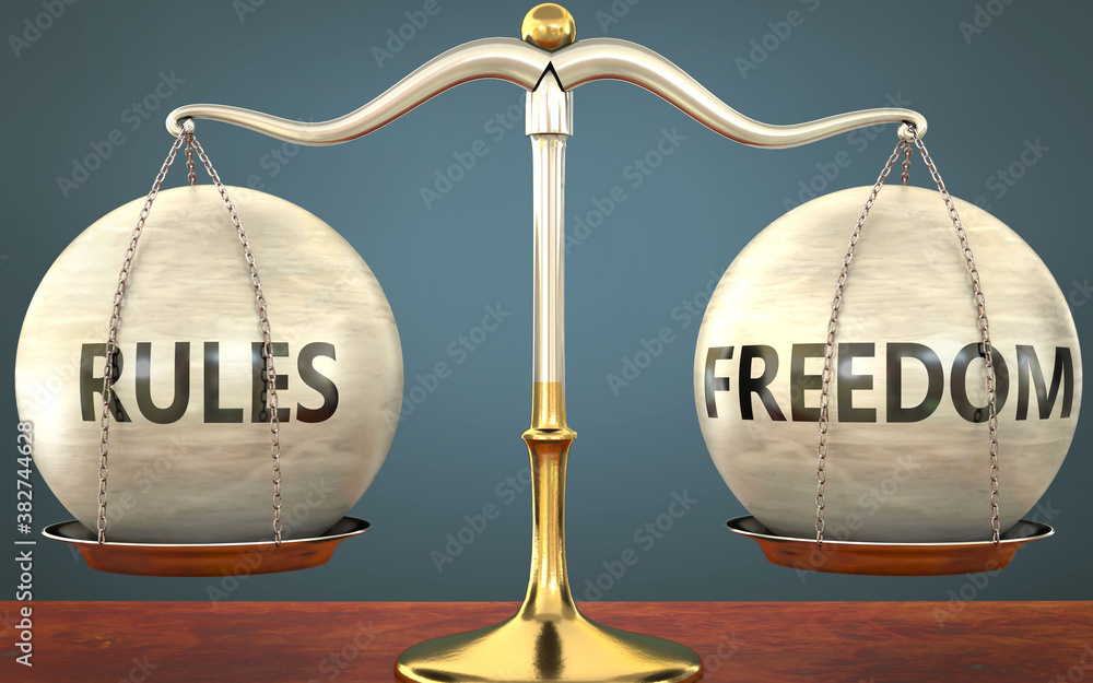 Wall mural rules and freedom staying in balance - pictured as a metal scale with weights and labels rules and f