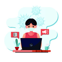 A man work behind a laptop. Work at Home Concept. Working from Home Isolation Coronavirus Covid-19 Concept Vector Illustration.