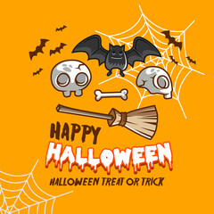 halloween trick or treat banner poster. witch broom, bat, skull - vector
