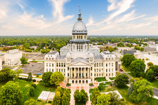 Drone View Of The Illinois State Capitol, In Springfield. Illinois State Capitol Houses The Legislative And Executive Branches Of The Government Of The U.S. State Of Illinois