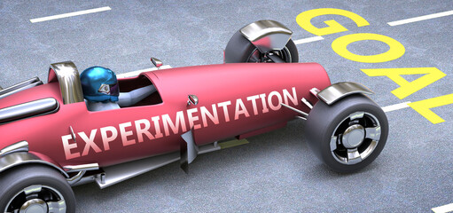 Fototapeta premium Experimentation helps reaching goals, pictured as a race car with a phrase Experimentation on a track as a metaphor of Experimentation playing vital role in achieving success, 3d illustration
