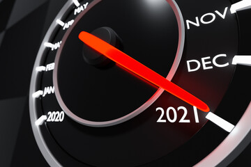 Fototapeta premium 3D illustration close up black speedometer with cutoffs 2020,2021 and calendar months. The concept of the new year and Christmas in the automotive field. Counting months, time until the new year.