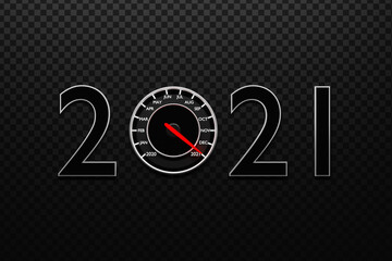 3D illustration close up black speedometer with cutoffs 2020,2021 and calendar months. The concept...
