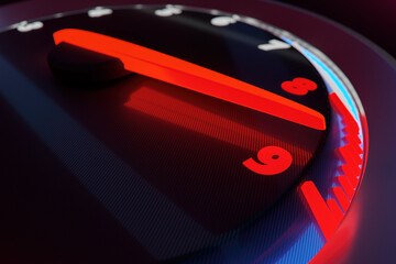 3D illustration close up black car panel, digital bright tachometer. Tachometer arrow shows maximum...