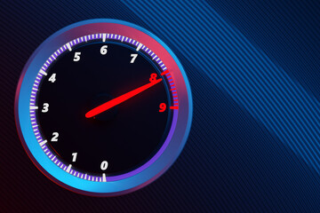 3D illustration close up blue car panel, digital bright tachometer. Tachometer arrow shows maximum...