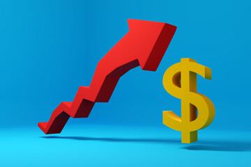3d illustration graph of the increase in dollar on a blue background. Income wage increase concept illustration with and arrow. Financial performance, sales profit growth with dollar symbol