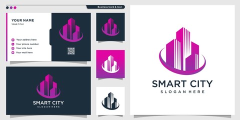 Smart city logo with modern gradient creative style and business card design template Premium Vector