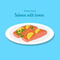 European cuisine, salmon Fillet with lemon on a plate