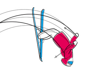 Obraz premium Freestyle skier flying upside down. Linear drawing. Vector stylish graphics