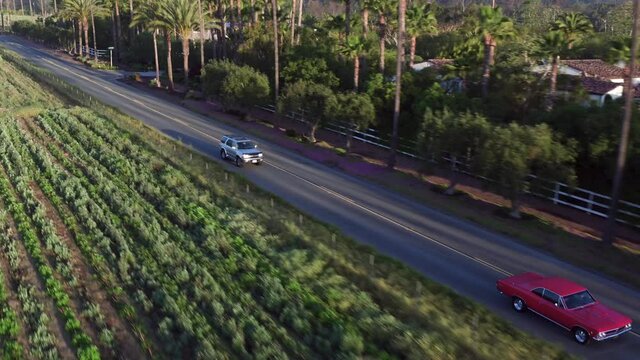 Aerial, tracking, a 1966 red Chevelle on a country road, California, USA