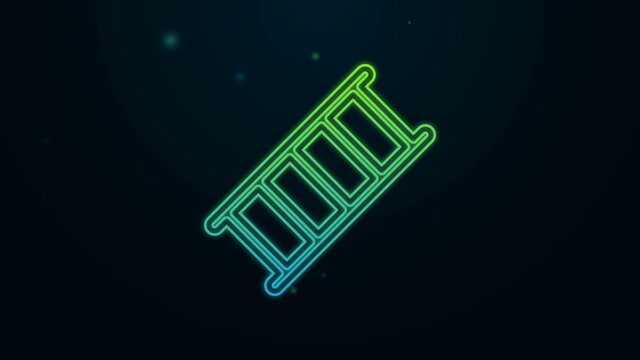 Glowing neon line Fire escape icon isolated on black background. Pompier ladder. Fireman scaling ladder with a pole. 4K Video motion graphic animation