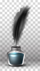 3d realistic vector glass bottle of ink and black feather on transparent background.