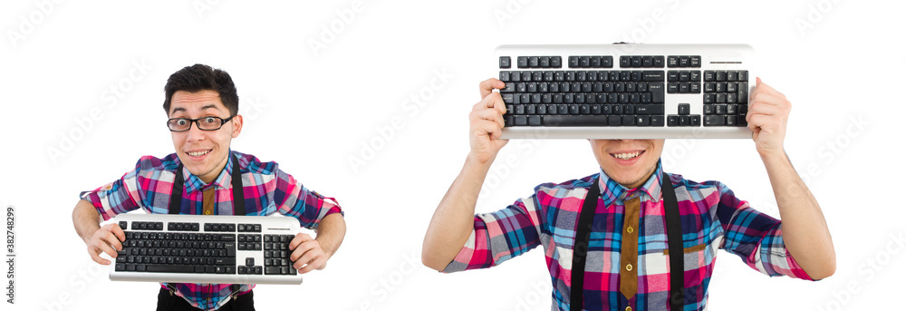 Canvas Prints computer nerd with keyboard isolated on white